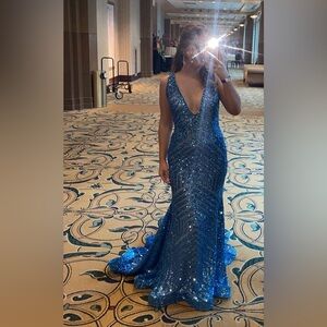 Jovani 59762 low v-neck evening gown in light blue